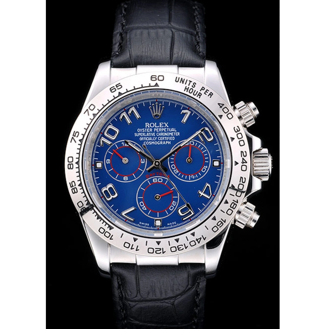 Best AAA Replica Sites Case Stainless Leather Steel Rolex Blue Daytona Dial Black Strap 0518